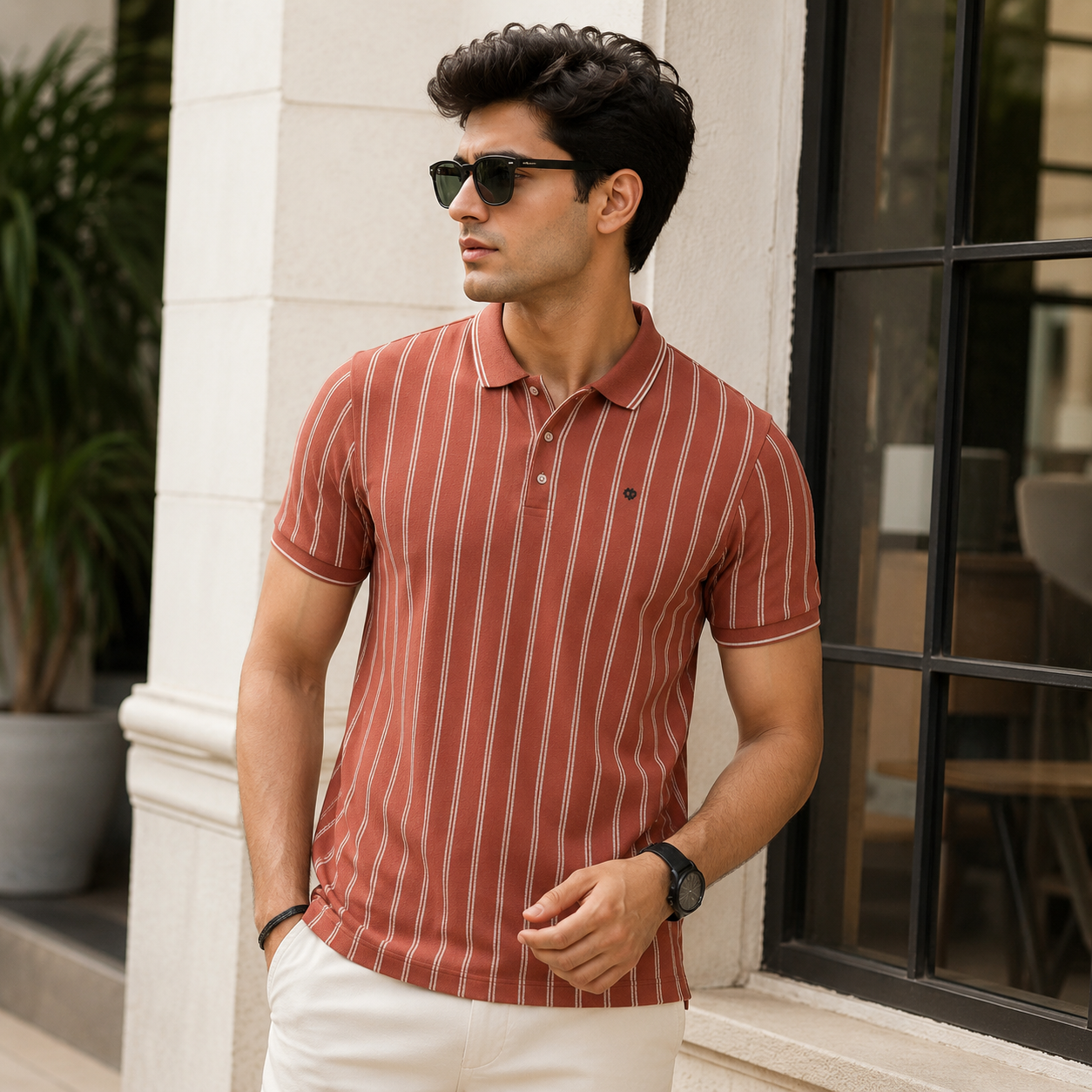 Color neck double stripped Pink colour tshirt