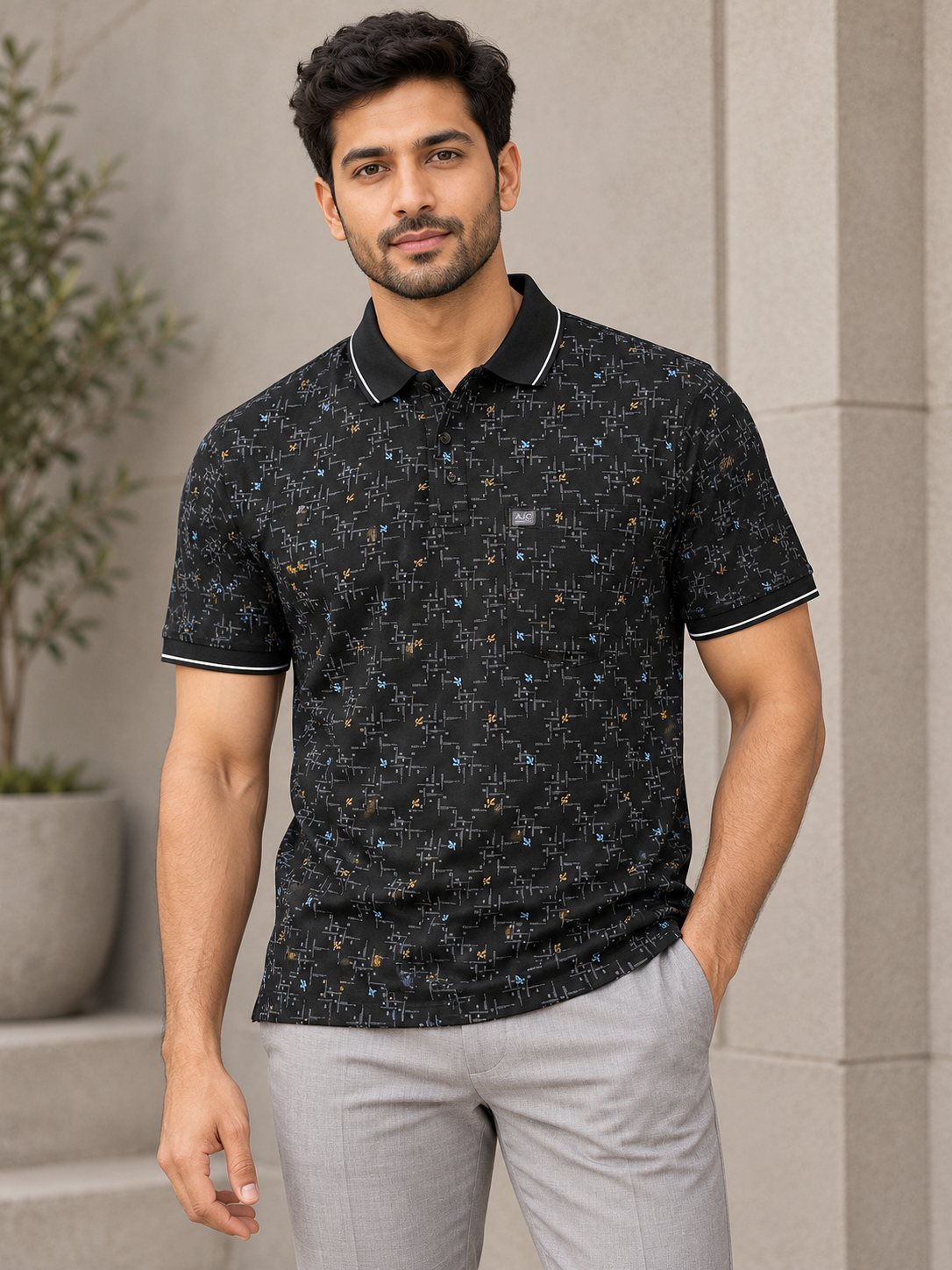Men’s Black Geometric Print Polo T-Shirt