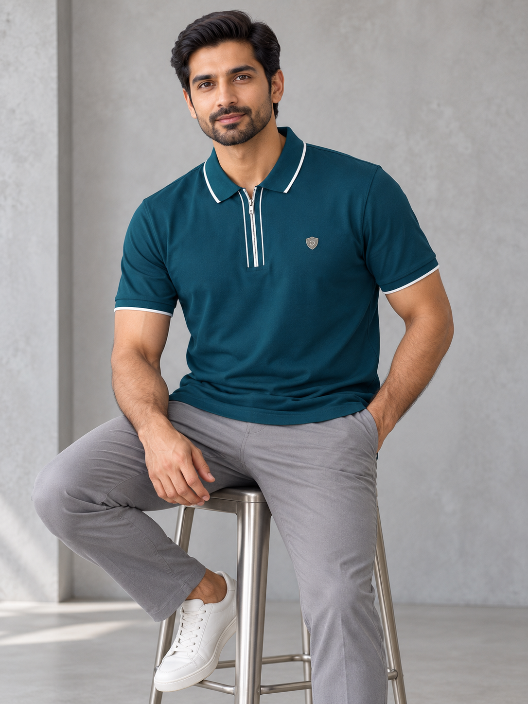 Men’s Teal Zip-Neck Polo T-Shirt