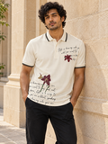 Men’s Cream Floral & Script Print Polo T-Shirt