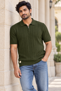 Men’s Olive Green Textured Knit Zip Polo