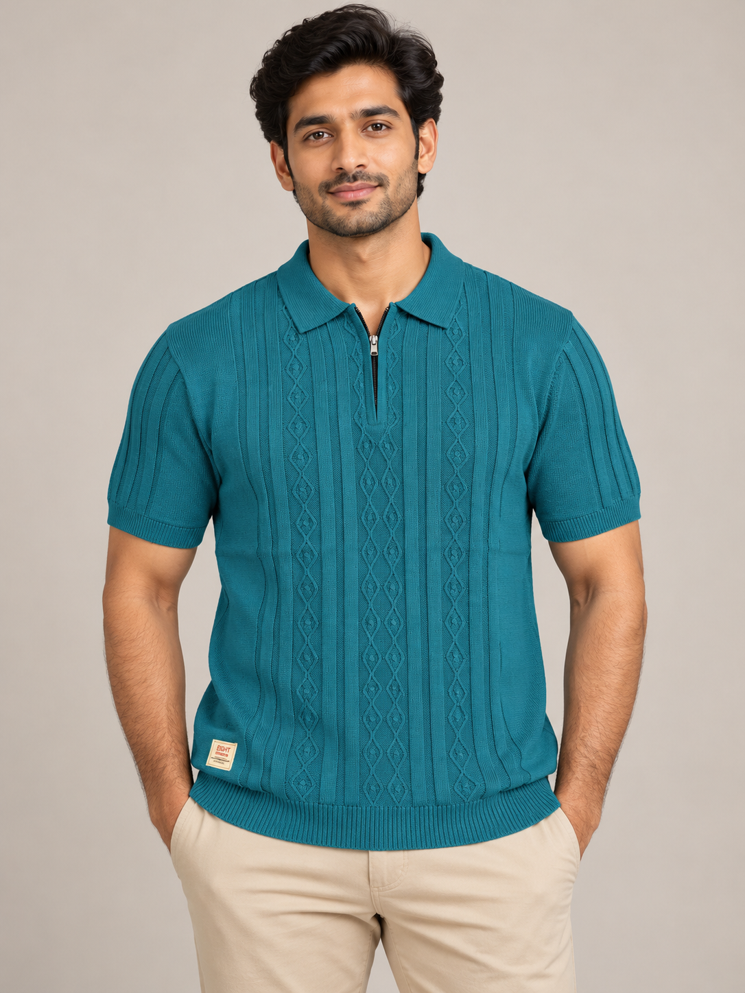 Men’s Teal Textured Knit Zip Polo