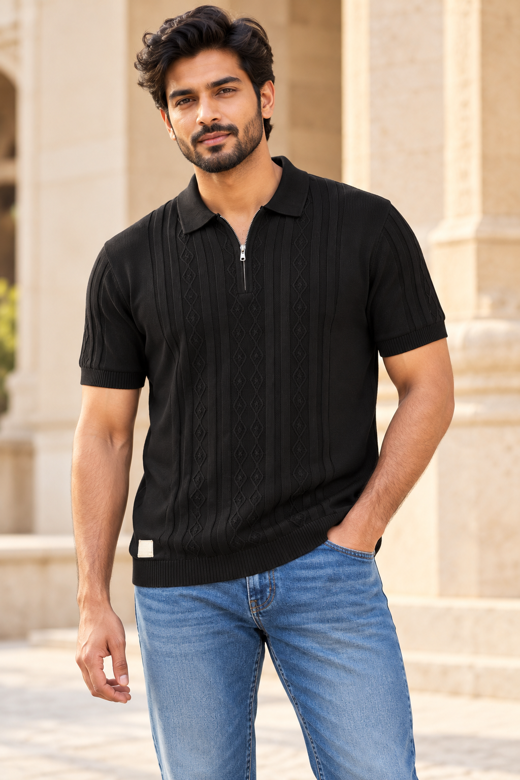 Men’s Black Textured Knit Zip Polo