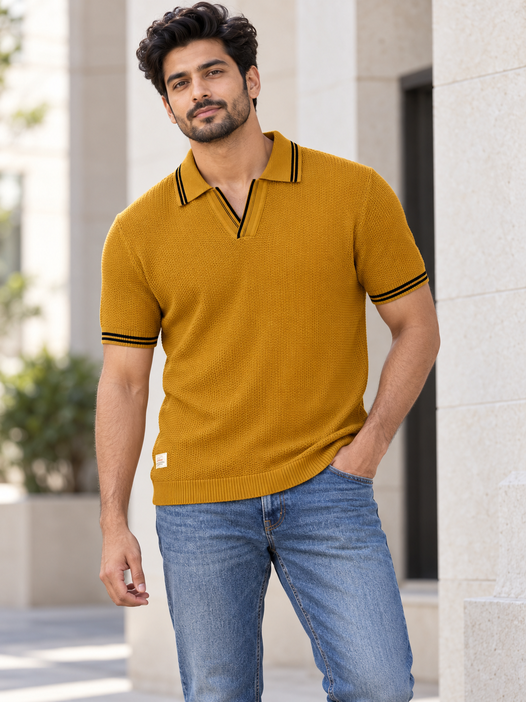 Men’s Mustard Textured Knit Polo