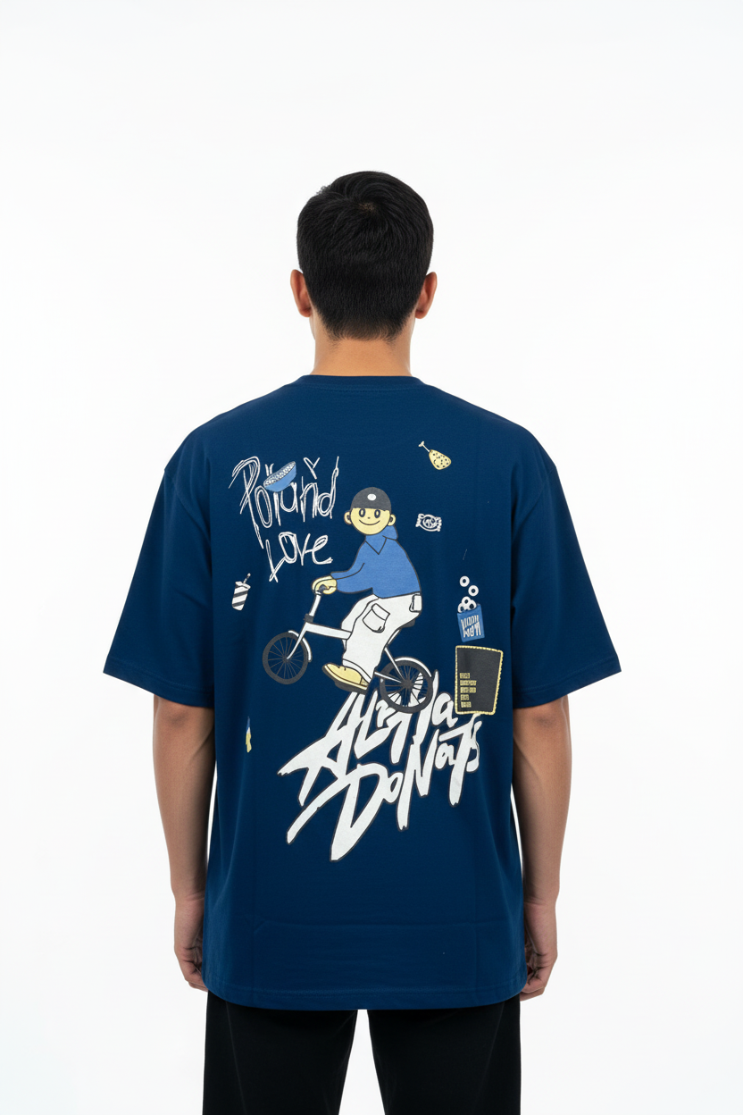 Back view - Navy blue t-shirt with Twisted Love Alexa Donuts design