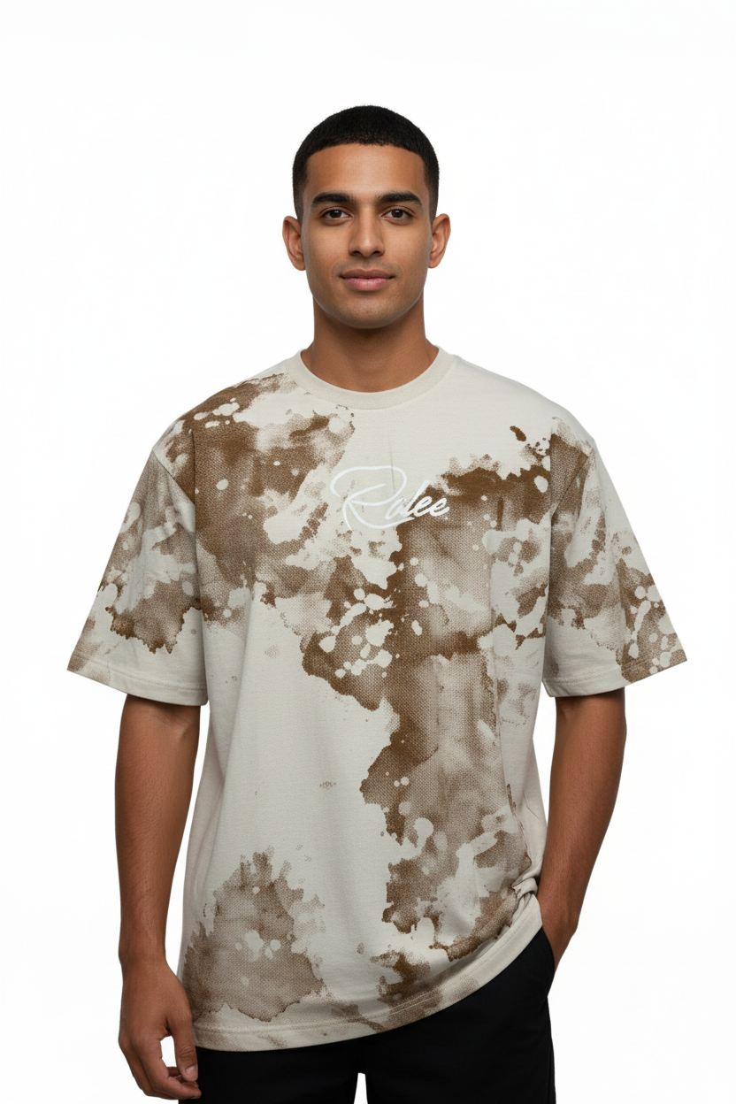 Desert camo t-shirt front view with hand in pocket