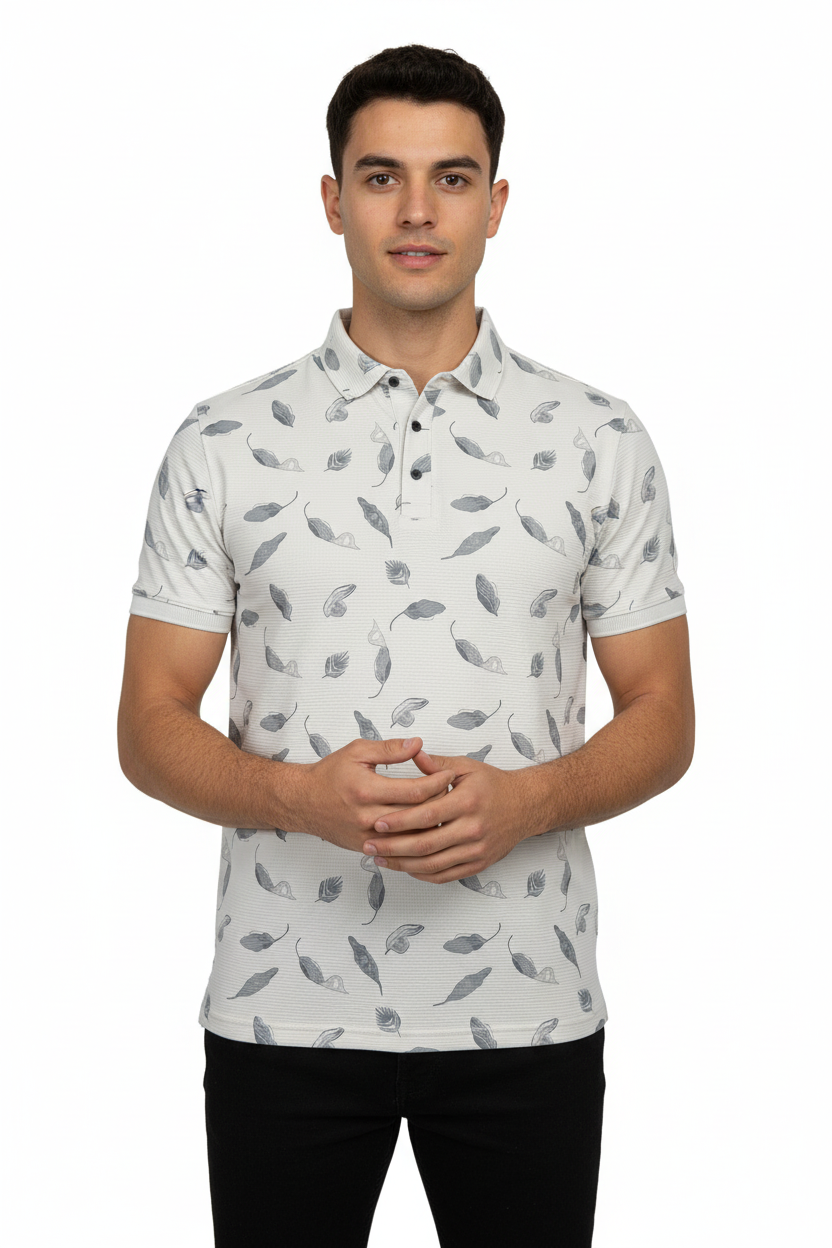 Front view - Fitted white feather pattern polo