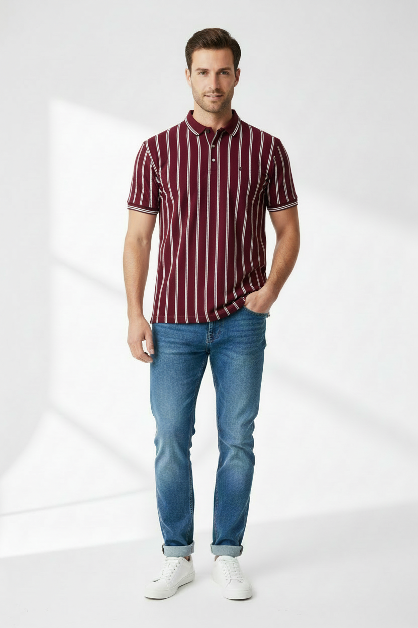 Front view - model wearing burgundy striped polo with navy blue jeans