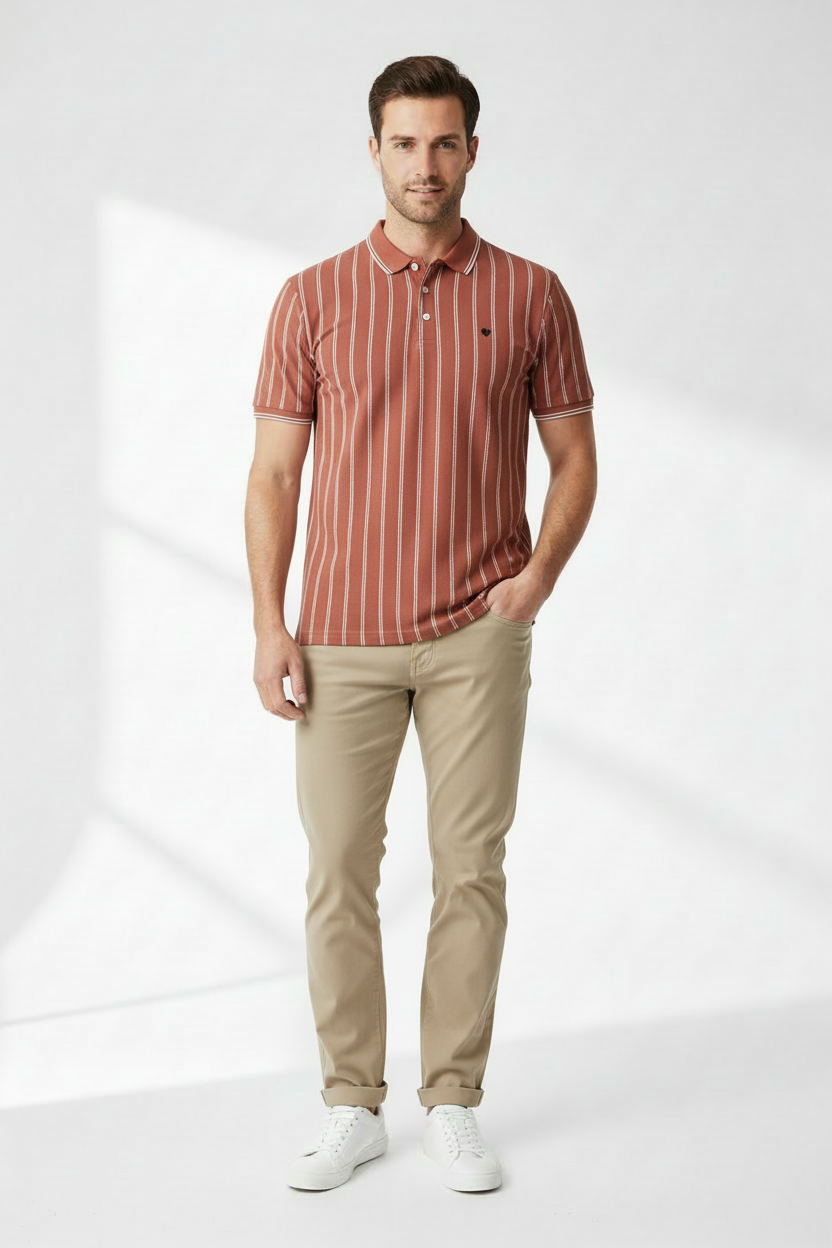 Front view - model wearing rust striped polo without labels