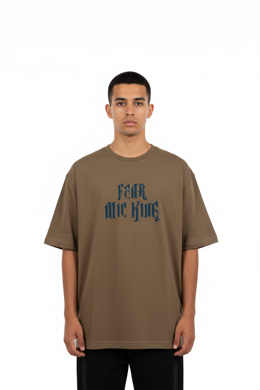 Front view - Olive brown t-shirt with Fear Nine Kings text