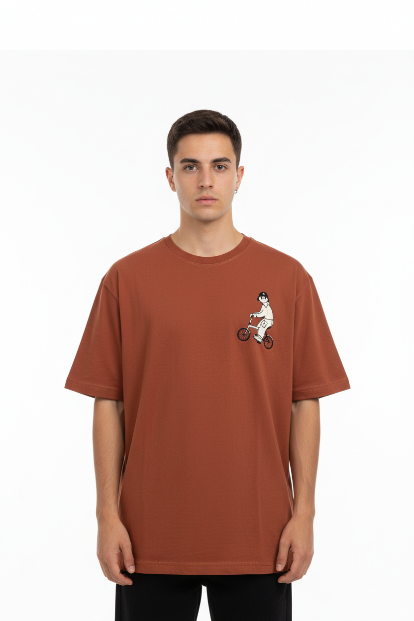 Front view - Rust t-shirt with bike character