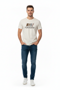 Full length lifestyle photo of model wearing t-shirt and jeans