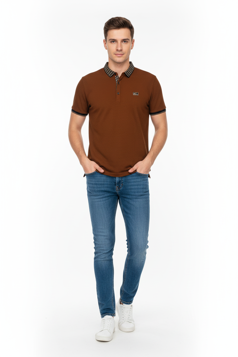 Young man wearing brown polo shirt and jeans