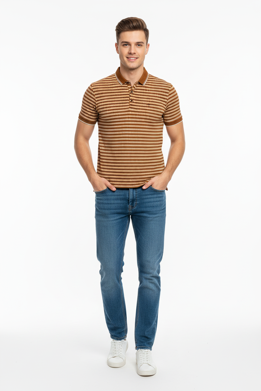 Young man wearing brown striped polo shirt and jeans