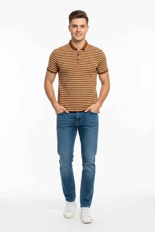 Young man wearing brown striped polo shirt and jeans