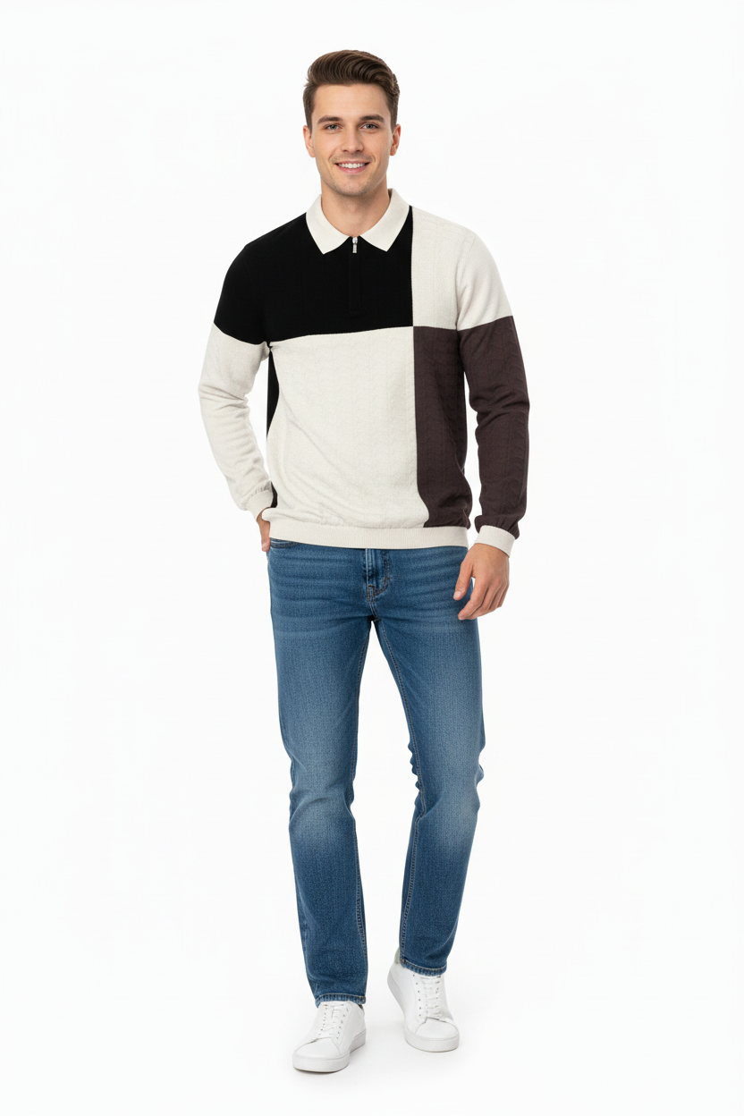 Young man wearing color-blocked polo sweatshirt and jeans