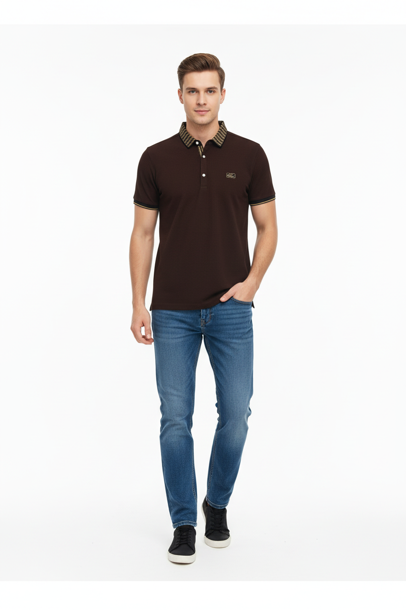 Young man wearing dark brown polo shirt and jeans