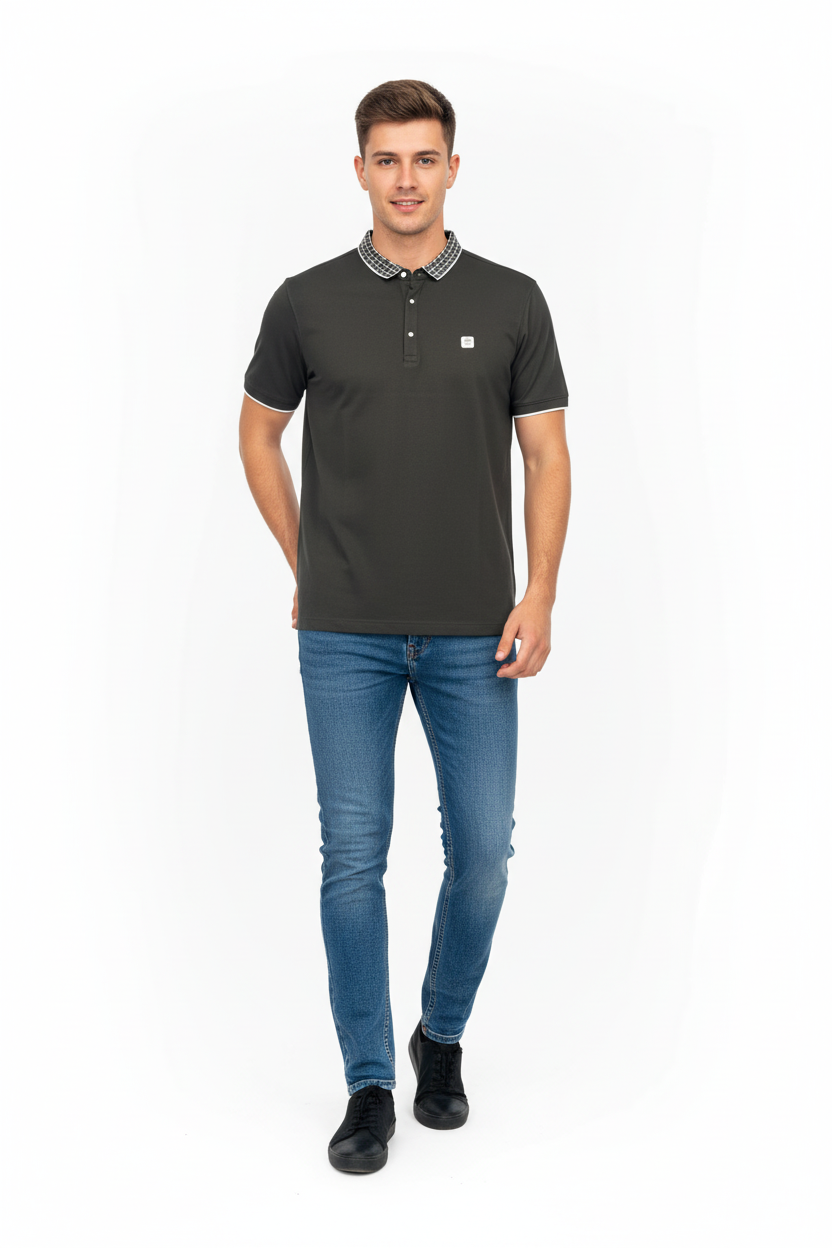 Young man wearing dark gray polo shirt and jeans