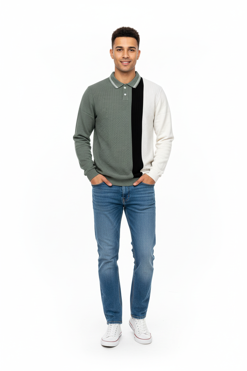 Young man wearing gray color-blocked polo sweatshirt and jeans