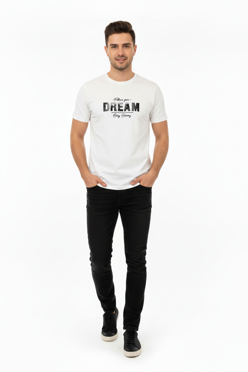 Young man wearing white graphic t-shirt and jeans - new version