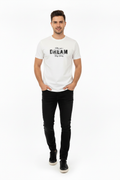 Young man wearing white graphic t-shirt and jeans - new version